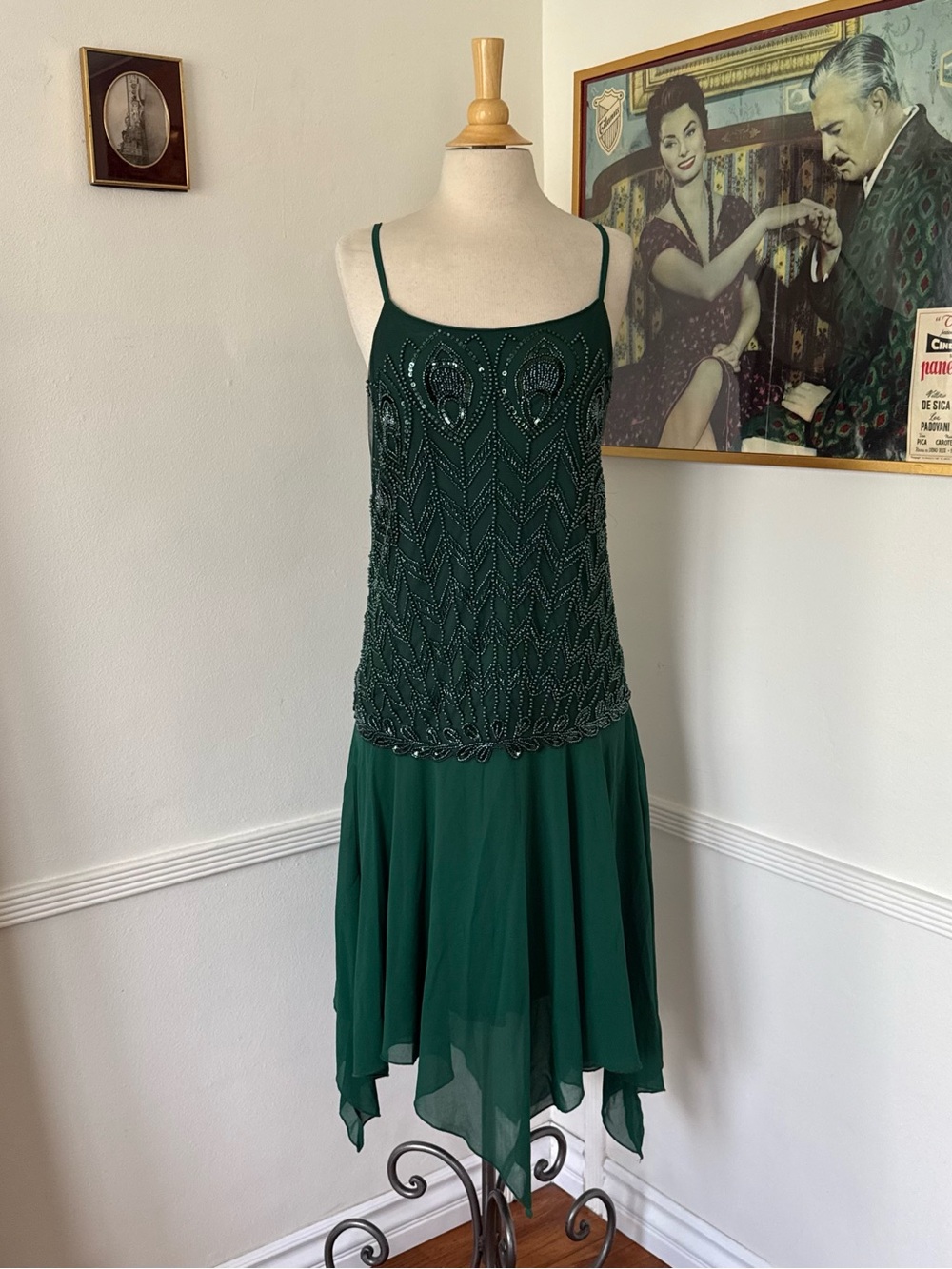 1920s inspired Beaded Forest Green Drop-Waist Dress